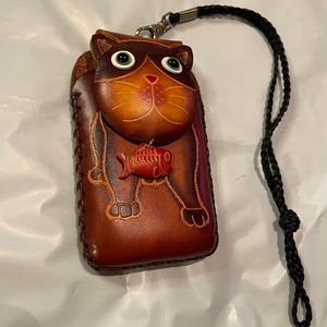 Hand Crafted Carved Leather CatW/Fish SmallPhone Wristlet Wallet with cord Strap